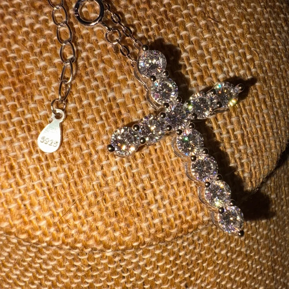 Solid Sterling Silver Large Moissanite Cross Necklace. - Picture 5 of 5